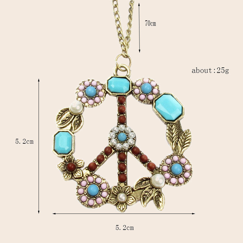‌Vintage Turquoise Pearl & Flower Peace Necklace