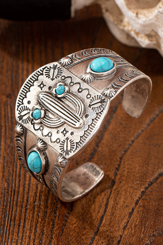 Desert Chic Blue Turquoise Cactus Metal Cuff Bracelet