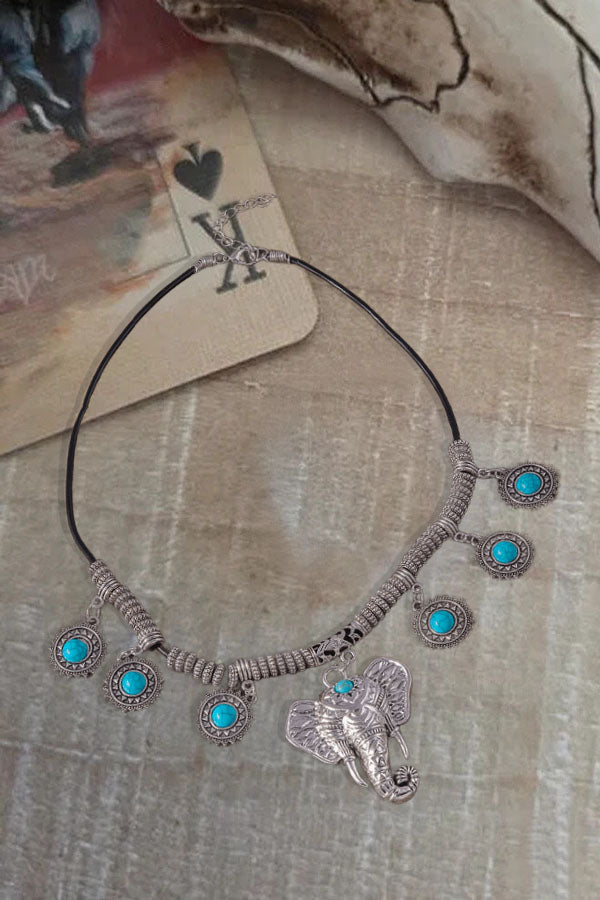 Tribal Turquoise Alloy Boho Elephant  Pendant Necklace