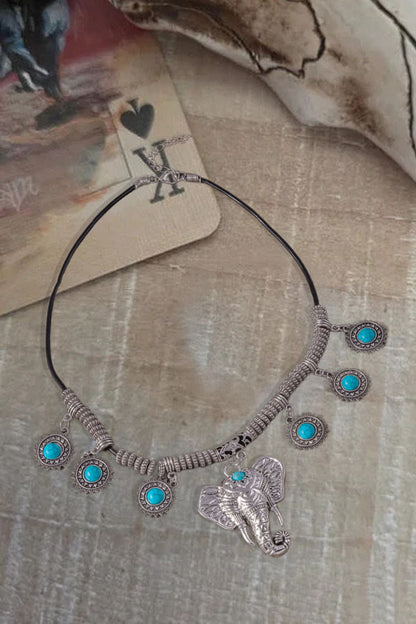 Tribal Turquoise Alloy Boho Elephant  Pendant Necklace
