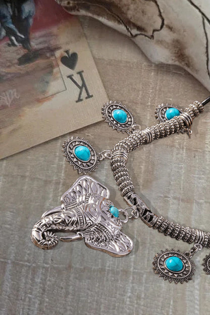 Tribal Turquoise Alloy Boho Elephant  Pendant Necklace