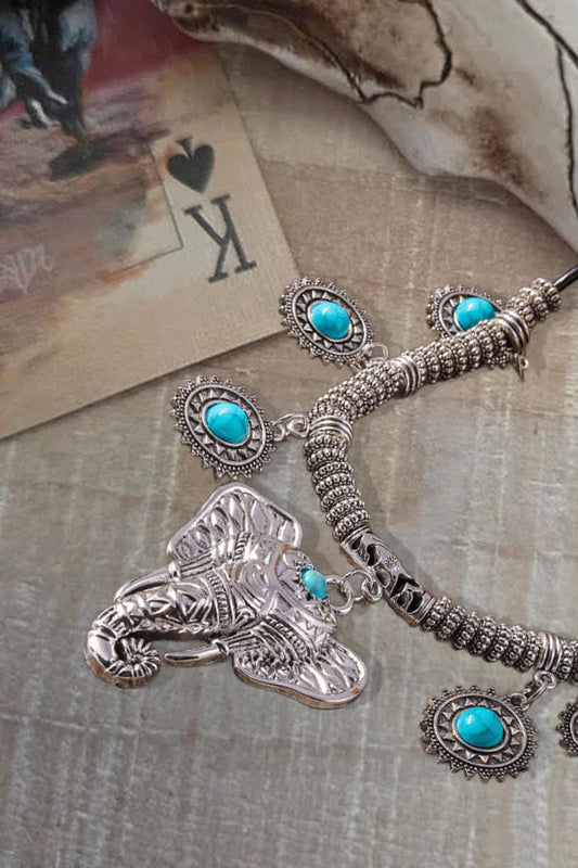 Tribal Turquoise Alloy Boho Elephant  Pendant Necklace