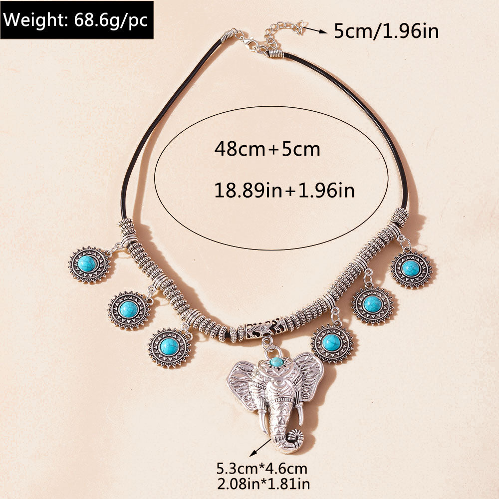 Tribal Turquoise Alloy Boho Elephant  Pendant Necklace
