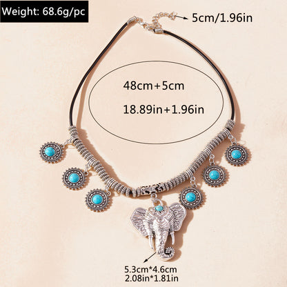 Tribal Turquoise Alloy Boho Elephant  Pendant Necklace