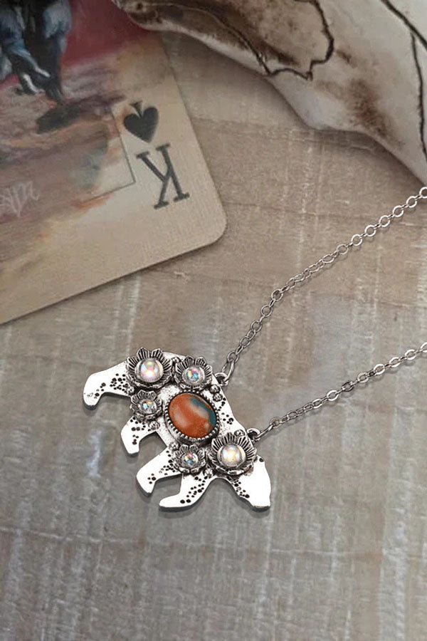 Grungy Bear Claw  Distressed Turquoise Zircon Western Punk Pendant Necklace