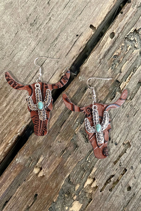 Turquoise Earrings  For Women intage Embossed Cowhide & Cactus Dangle