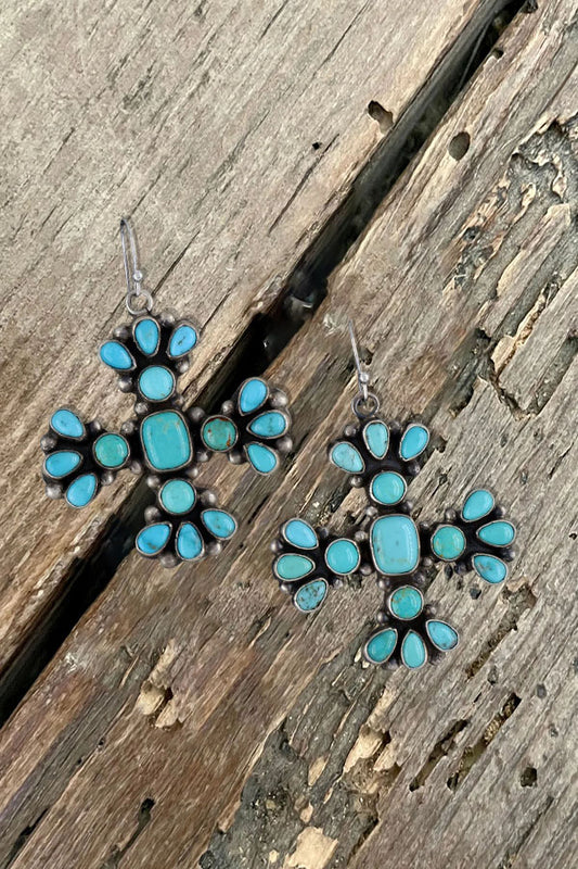 Turquoise  Earrings Sterling Silver Cross Drop