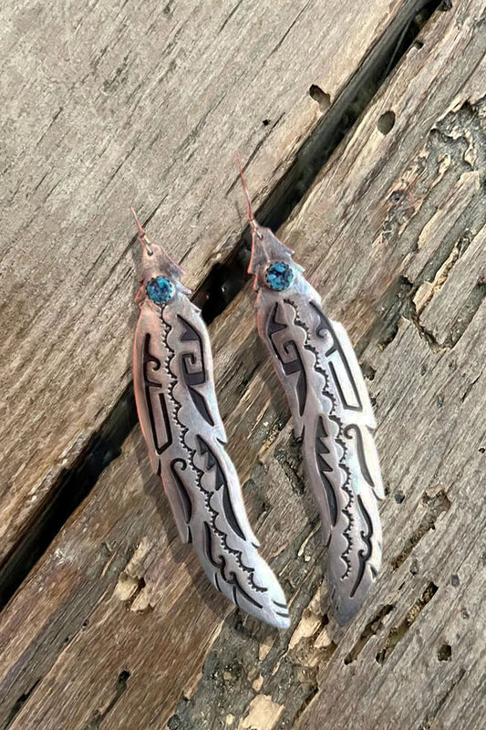 Tribal Inspired Silver Feather Turquoise Earrings