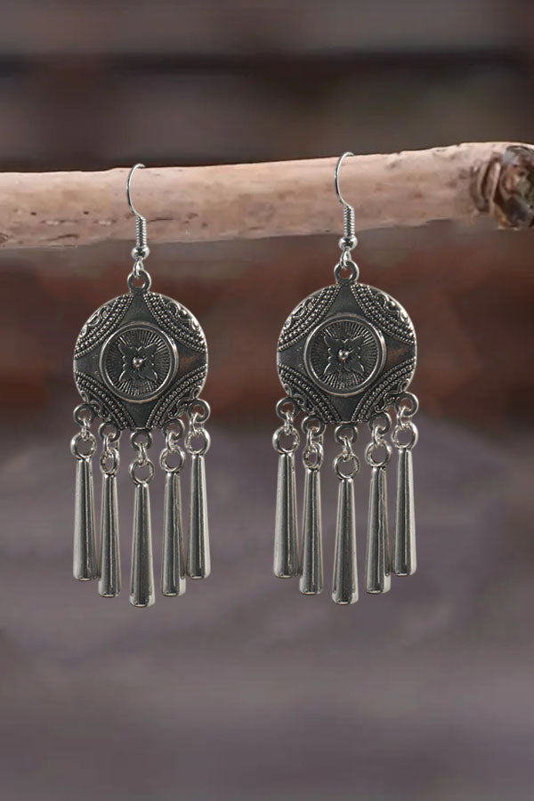 Ethnic Circular Silver Tassel Dangle Earrings