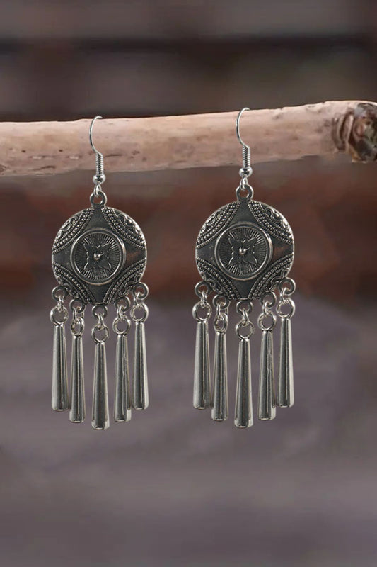 Ethnic Circular Silver Tassel Dangle Earrings