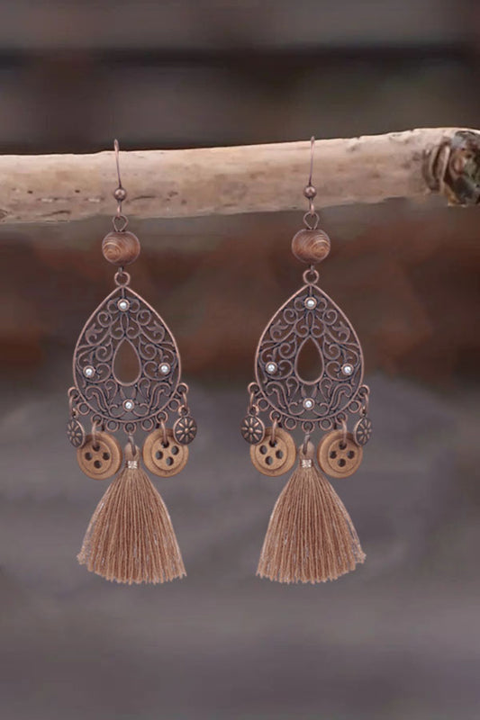 Vintage Filigree Button Tassel Earrings