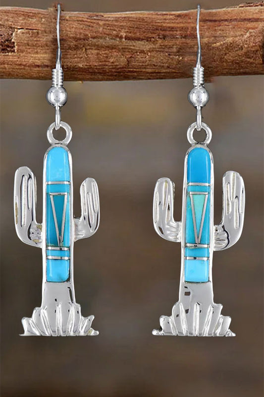 Sterling Silver & Turquoise Inlay Cactus Dangle Earrings