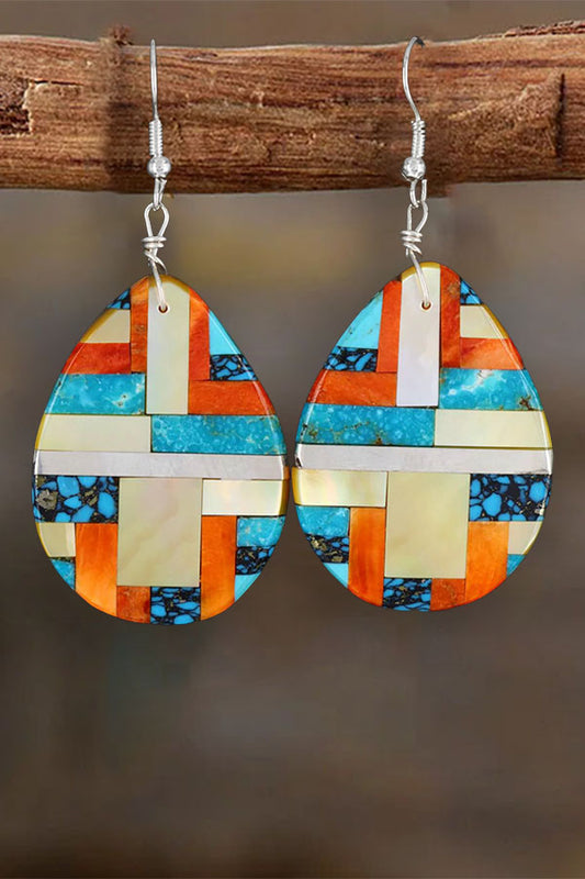 Vintage Western Stripe Print Teardrop Turquoise Earrings