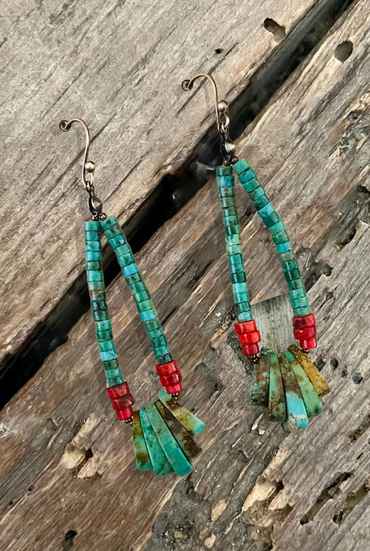 Handstrung Turquoise & Coral Earrings