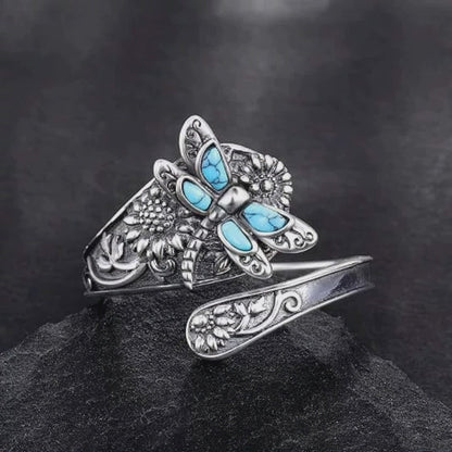 Bohemian Sunflower Dragonfly Wrap Turquoise Ring